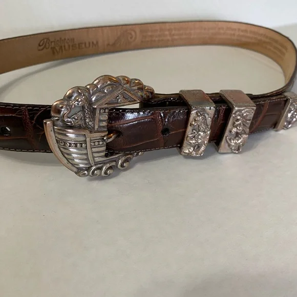 Brighton Museum Collection Women’s Noah’s Ark Brown Leather Belt Size Medium Brighton Museum Collection Noah Ark Silver Buckle Dark Brown  main image 2